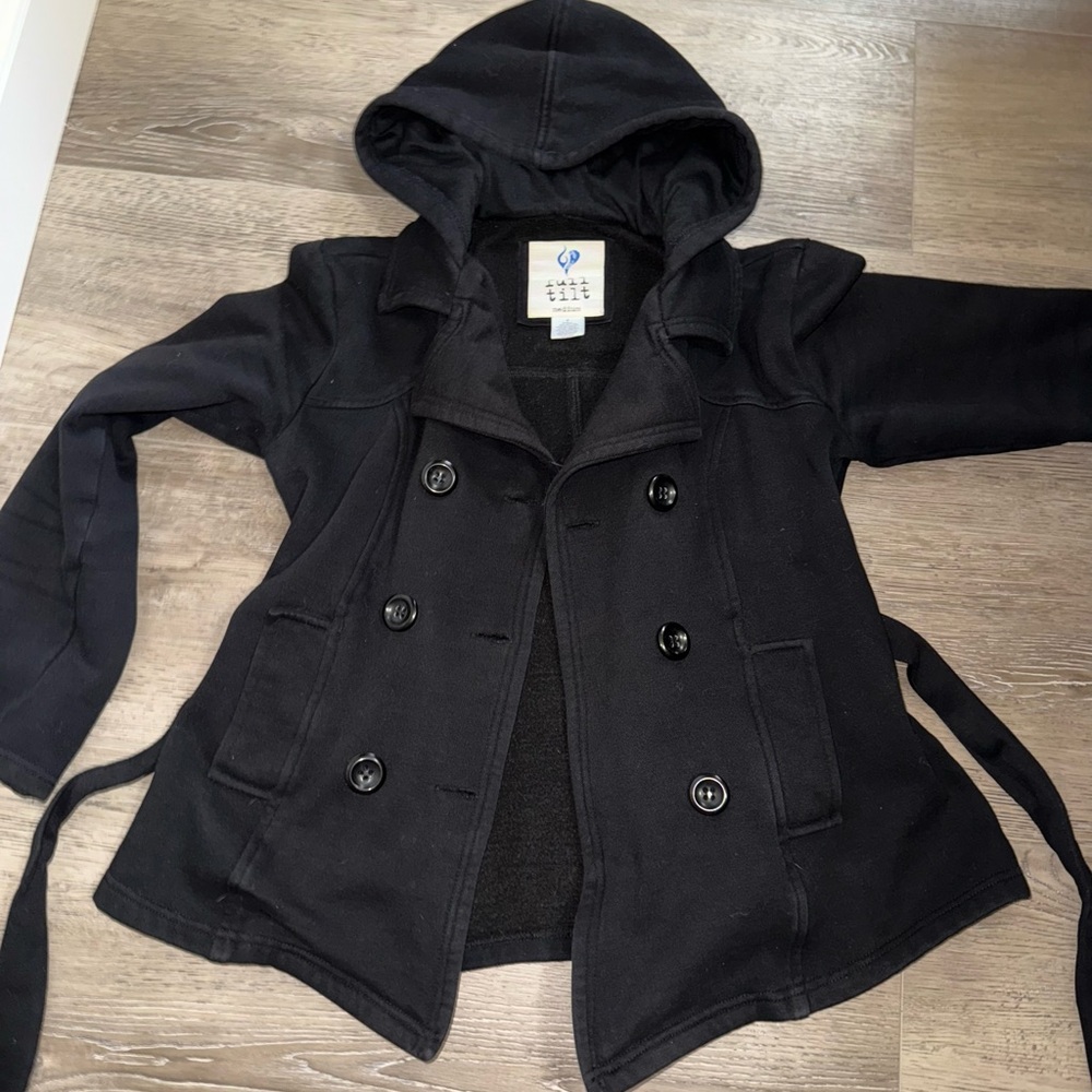Full Tilt Black Hooded Trench Coat - Picture 7 of 9